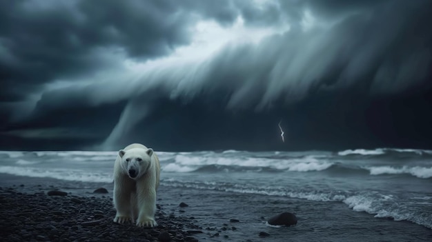 Samotny niedźwiedź polarny pod groźnymi chmurami burzowymi