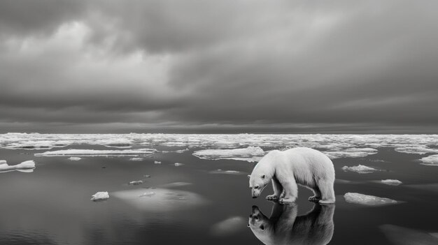 Zdjęcie samotny niedźwiedź polarny w monochromatycznym arktycznym krajobrazie morskim