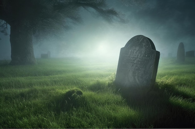 Samotny niezidentyfikowany nagrobek stoi na starym cmentarzu w nocy oświetlony światłem księżyca Generacyjna AI