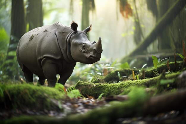 Samotny nosorożec jawski na łące lasów deszczowych