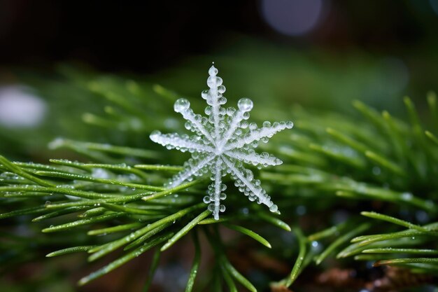 Zdjęcie samotny płatek śniegu spoczywający na zielonej igle sosnowej