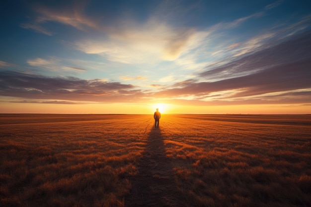 Zdjęcie samotny podróżnik znikający w zmierzchu pola obejmujący zachód słońca jak bohater bezgranicznych rozległości
