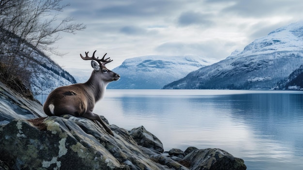 Samotny renifer dumnie stoi na skalnym wzgórzu z widokiem na fiord w Norwegii