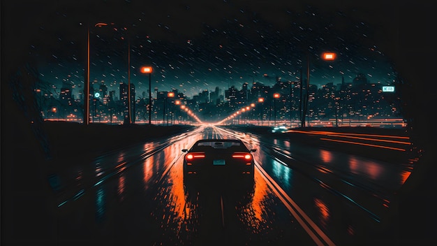 Samotny samochód na ciemnej, deszczowej, nocnej drodze do dużego miasta oświetlonego rzędami lamp ulicznych wygenerowanych przez sieć neuronową sztuki
