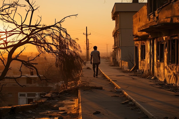 Samotny skater ślizga się w opuszczonym mieście o zachodzie słońca, generatywnie IA