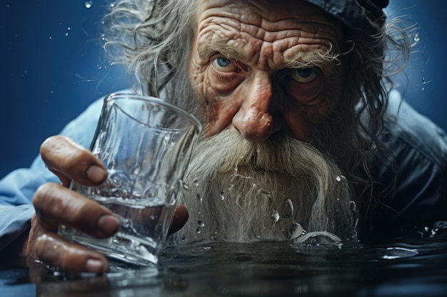 Samotny stary człowiek samotny w czapce z szklanką wody Generate Ai