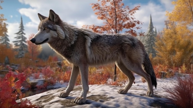 Samotny wilk z drewna lub szary wilk Canis lupus stojący jesienią i zimą Generacyjna sztuczna inteligencja