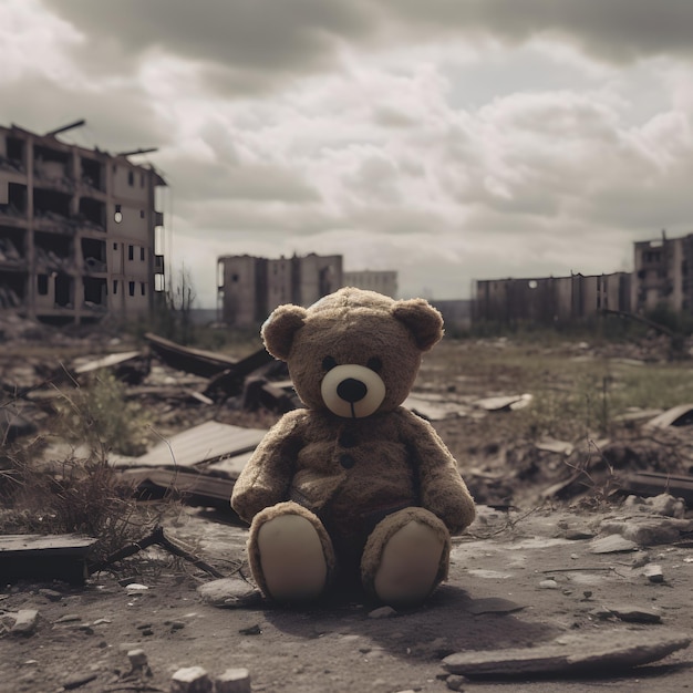 Samotny zagubiony miś siedzący na ruinach wielkiego zniszczonego miasta po końcu świata lub po wielkiej katastrofie, takiej jak trzęsienie ziemi lub powódź Koncepcja Armageddonu Generacyjna sztuczna inteligencja