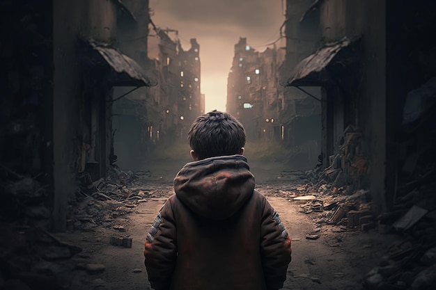Samotny zdenerwowany chłopiec w mieście zniszczonym przez wojnę lub katastrofę widok z tyłu Ilustracja Generatywna sztuczna inteligencja