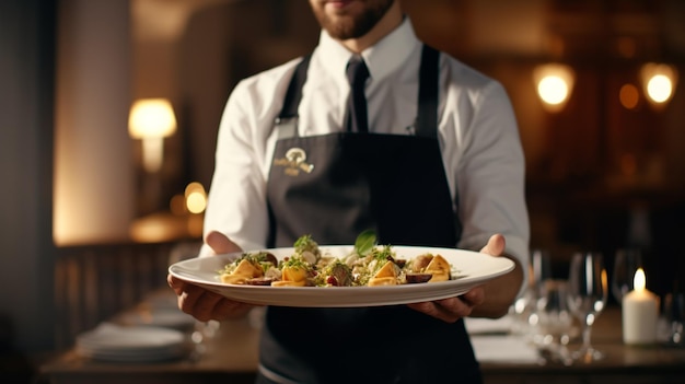 Samowierny kelner trzymający talerz w rękach na tle restauracji