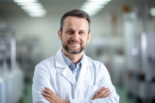 Samowierny naukowiec w szlafroku uśmiechnięty reprezentuje koncepcję profesjonalizmu opieki zdrowotnej