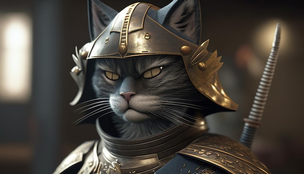 Samurai Cat to fikcyjny koci wojownik, wyszkolony w sztukach walki i walce mieczem, znany ze swojej odwagi i honoru, ilustracja cyfrowa Generative AI