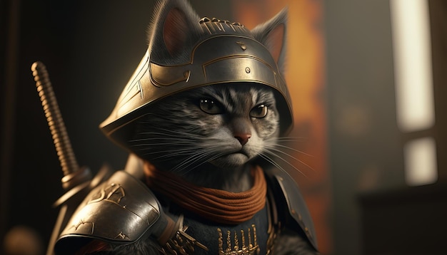 Samurai Cat to fikcyjny koci wojownik, wyszkolony w sztukach walki i walce mieczem, znany ze swojej odwagi i honoru, ilustracja cyfrowa Generative AI