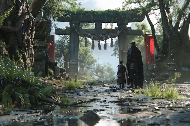 Zdjęcie samuraj i rycerz chronią portal do drugiego.