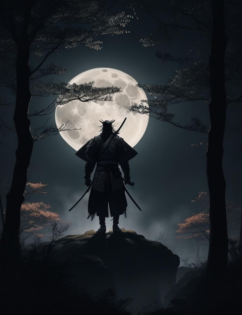 Samuraj stoi w cieniu ciemnego lasu. Jego sylwetka jest oświetlona.
