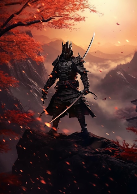 samuraj stojący na skale z mieczem w dłoni generatywnej ai