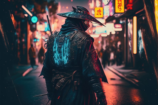 Samuraj w stylu cyberpunk z niebieskim neonem na plecach Miasto przyszłości wojownik szermierz katana pełny zestaw zbroi ilustracje w wysokiej rozdzielczości sztuka AI