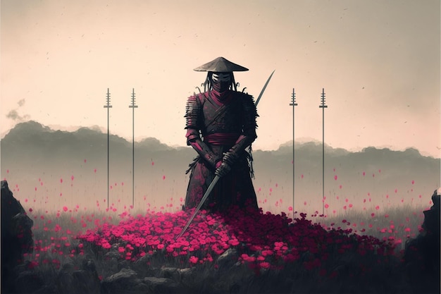 Samuraj z bronią Samuraj stojący wśród mieczy wbitych w ziemię na polach kwiatowych Malarstwo ilustracyjne w stylu sztuki cyfrowej