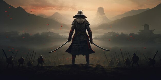 Samuraj z kataną jest gotowy do walki z ogromną armią