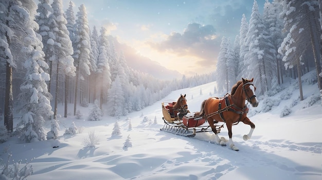 Sanie ciągnięte przez konie w lesie pokrytym śniegiem