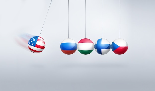 Sankcje - Obraz Koncepcyjny Z Flagami Stanów Zjednoczonych, Rosji, Węgier, Czech I Finlandii