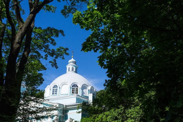 Sankt Petersburg Cmentarz Smoleński Kościół ku czci Matki Bożej Smoleńskiej Krajobraz z widokiem na kopułę świątyni na tle błękitnego nieba przez gałęzie drzew