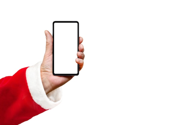 Santa show inteligentny telefon z pustym ekranem na białym tle