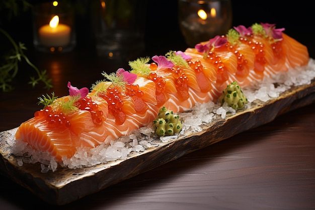 Sashimi i sushi kuchni japońskiej na drewnianej desce Surowe łososie tuńczyki tuńczyki krewetki kałamarnice morskie