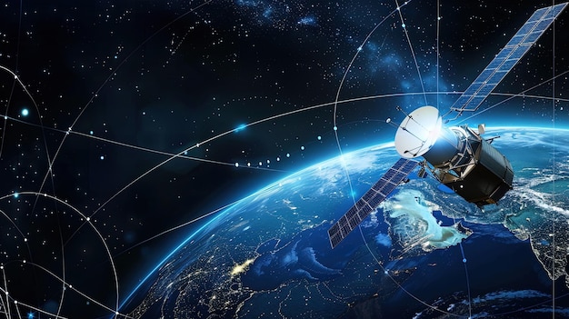 Satelita unoszący się nad Ziemią z powierzchnią Ziemi w tle