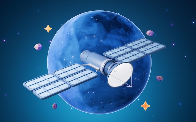 Satelita w przestrzeni kosmicznej z renderowaniem 3d w stylu kreskówki