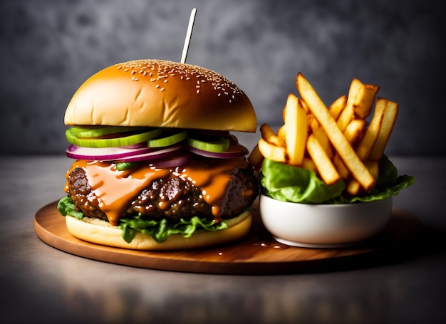 Satysfakcjonujący burger i złote frytki na ciemnej tacy w apetycznym widoku z bliska Ai Generowane dzieło sztuki