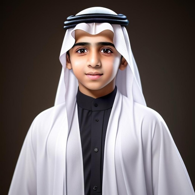 Saudyjski chłopiec ubrany w oficjalny saudyjski mundur i shemagh świętujący Święto Narodowe