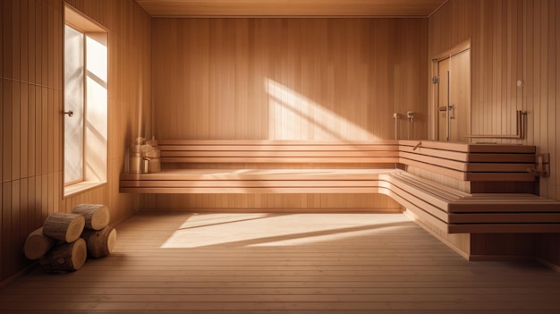 Sauna fińska z drewnianymi ławkami relaksacyjnymi