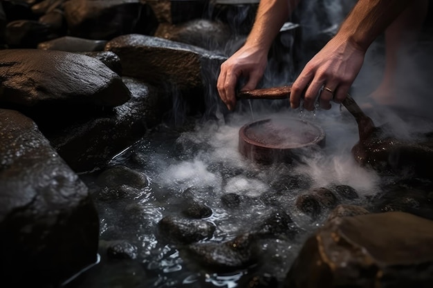 Sauna z parą, wylanie wody na gorące kamienie