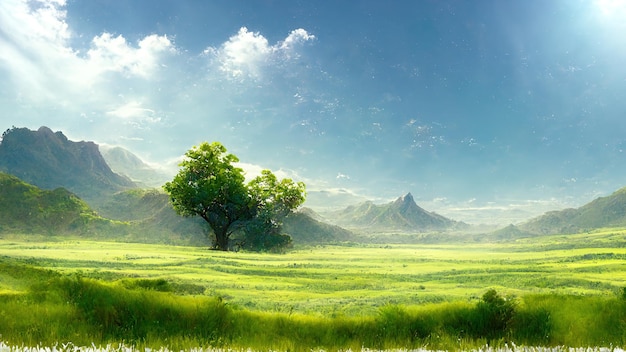 Savannah z drzewami zielona trawa krzewy i góry na horyzoncie Renderowanie 3D Ilustracja rastrowa