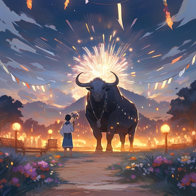 scena anime z kobietą stojącą obok byka z fajerwerkami na niebie