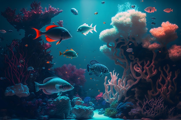 Scena Aqua z koralowców i wielu ryb na niebieskim tle podwodnych Sieć neuronowa generowana sztuka