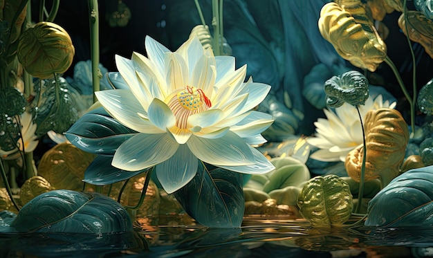 Scena botaniczna z efektem szklanego morfizmu łącząca naturę i nowoczesny projekt Tropikalny raj Rozmyte kwiaty lotosu i zielenię Stworzone za pomocą narzędzi sztucznej inteligencji generatywnej