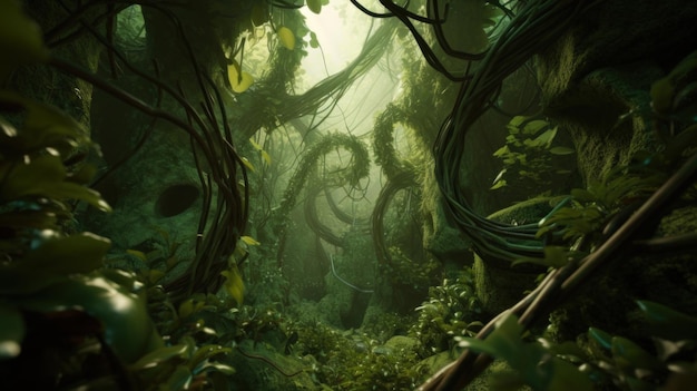 Scena dżungli z drzewami i roślinami na pierwszym planie