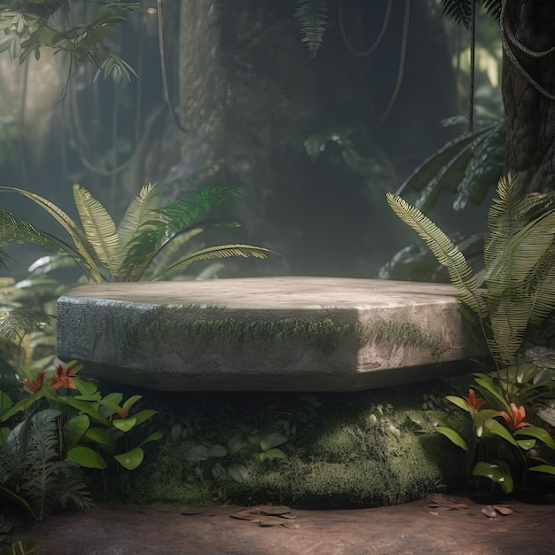 Scena dżungli z kamienną platformą pośrodku i dżunglą z roślinami i kwiatami.