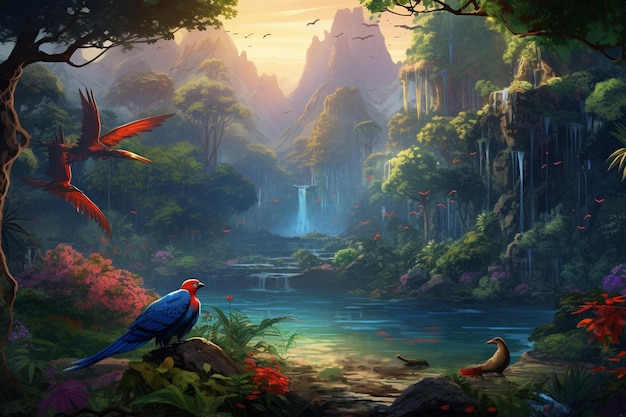 Scena dżungli z pięknymi ptakami i zwierzętami
