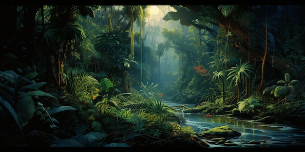 scena dżungli z rzeką i roślinami