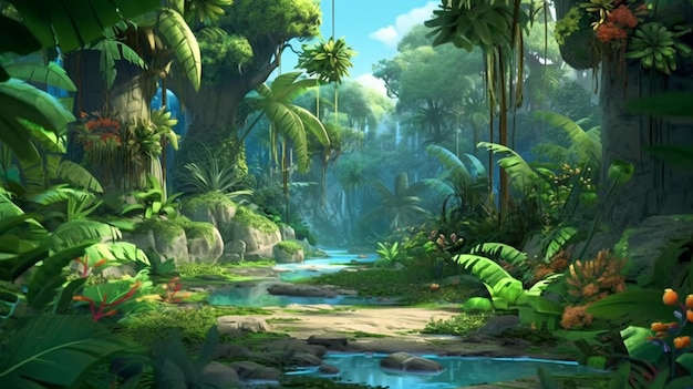 Scena dżungli ze sceną rzeki i dżungli