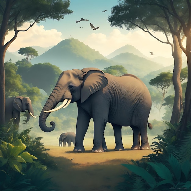 Scena fantasy na Światowy Dzień Zwierząt ze słodkim słoniem i pięknym lasem lub wzgórzami