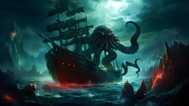 Scena fantasy z krakenem gigantycznej ośmiornicy i statkiem na morzu Koncepcja horroru Renderowanie 3D