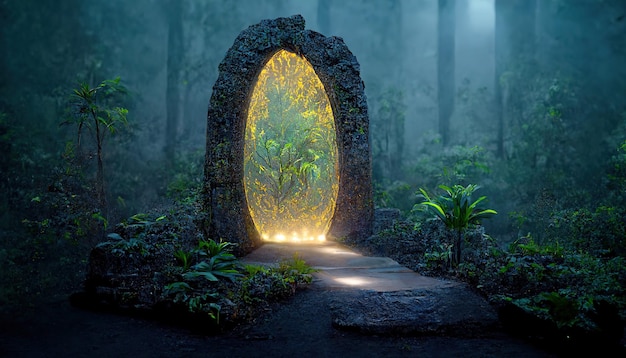 Scena fantasy z magicznym portalem w mglistym lesie deszczowym o zmierzchu