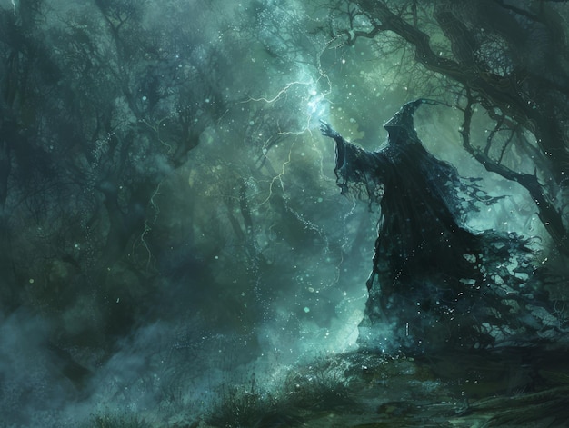 Scena fantazyjna czarownika przyciągającego magiczne elementy w ciemnym lesie