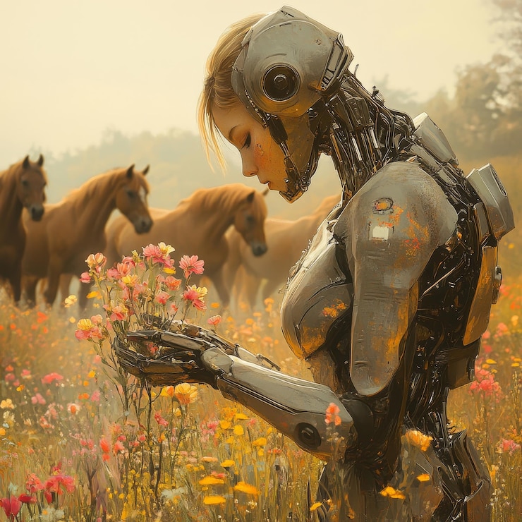 Zdjęcie scena fantazyjna z steampunkową kobietą i jej końmi na polu