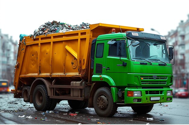 Scena gospodarki odpadami Śmieciarki rozładowują się do izolowanych pojemników na śmieci