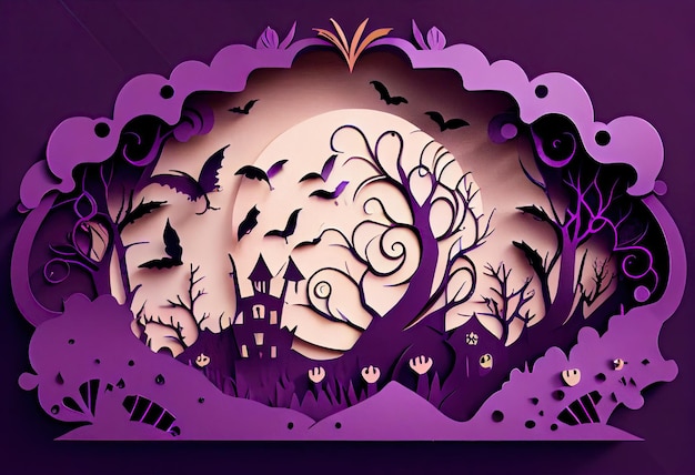 Zdjęcie scena halloween wykonana z fioletowego papieru ai generatywnego